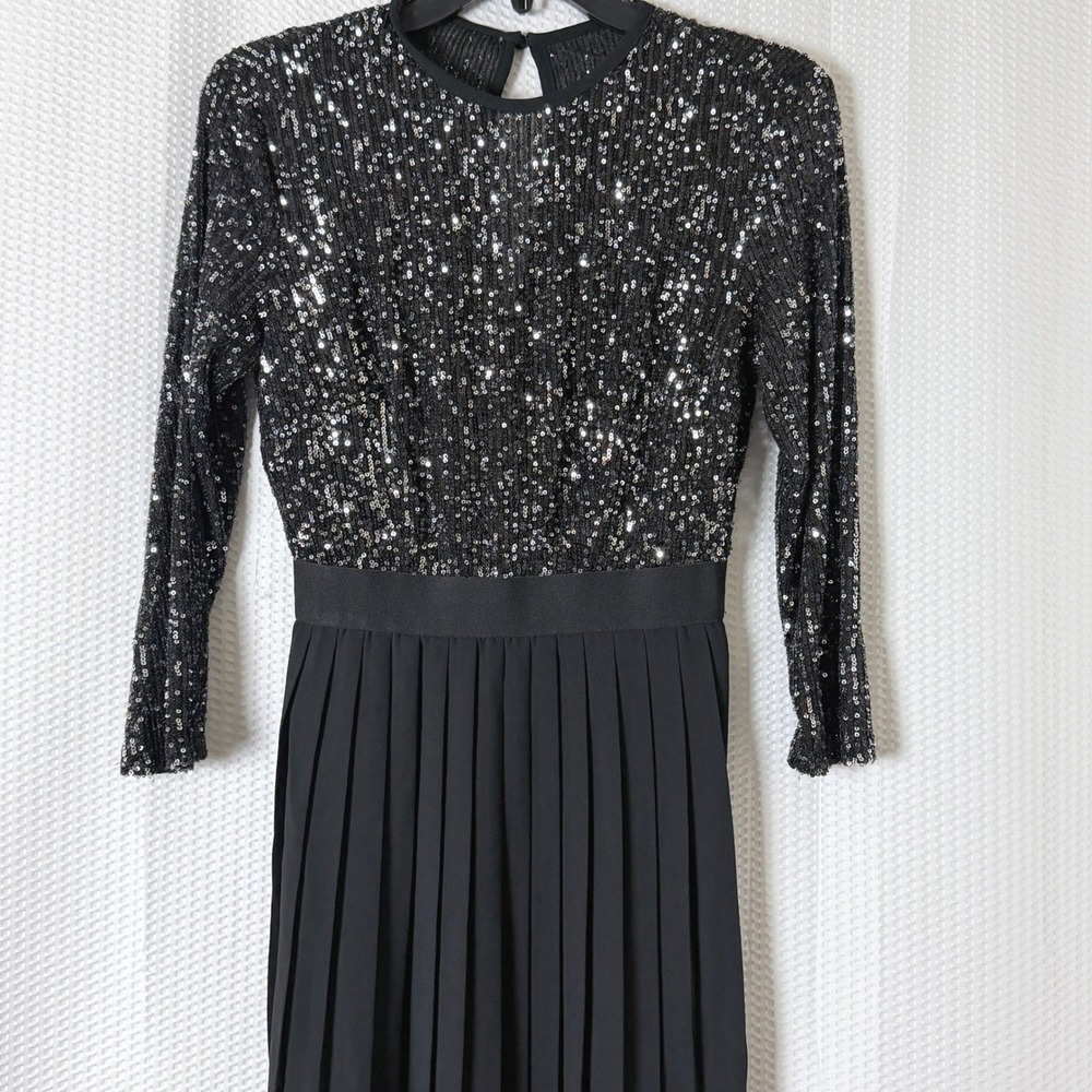 Little Mistress London Dress Women Size US 2 Black Sequin Pleated Midaxi Formal